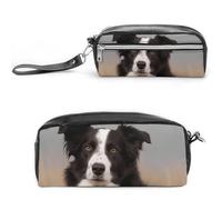 LLUTSNTH Border Collie Pencil Case - Large Capacity Pen Pouch Aesthetic Makeup Bag with Zipper Leather Pencil Bag for Stationery, Art Supplies, Travel Essentials