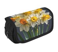 LLUTSNTH Bouquet of Daffodils 2 Compartments Pencil Case Makeup Bag | Large Capacity Polyester Pencil Pouch with Handle | Toiletry & Cosmetic Bag Organizer for Travel Office