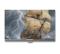 LLUTSNTH Business Card Holder Metal Slim Business Card Case Ancient Sailing Ship in Storm Professional Cards Organizer Pocket Name Cards Case Credit Holder Wallet for Men Women Buckle Style Shut