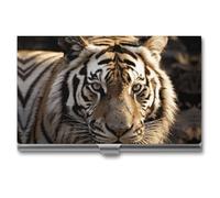 LLUTSNTH Business Card Holder Metal Slim Business Card Case Animal Tiger Professional Cards Organizer Pocket Name Cards Case Credit Holder Wallet for Men Women Buckle Style Shut