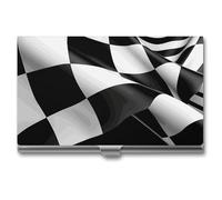 LLUTSNTH Business Card Holder Metal Slim Business Card Case Black White Checkered Flags Professional Cards Organizer Pocket Name Cards Case Credit Holder Wallet for Men Women Buckle Style Shut