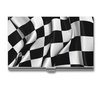 LLUTSNTH Business Card Holder Metal Slim Business Card Case Black White Checkered Flags Professional Cards Organizer Pocket Name Cards Case Credit Holder Wallet for Men Women Buckle Style Shut