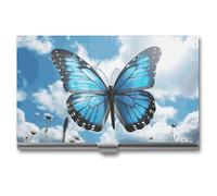 LLUTSNTH Business Card Holder Metal Slim Business Card Case Blue Butterfly And Clouds Professional Cards Organizer Pocket Name Cards Case Credit Holder Wallet for Men Women Buckle Style Shut