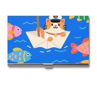 LLUTSNTH Business Card Holder Metal Slim Business Card Case Captain - Cat on Paper - Boat Professional Cards Organizer Pocket Name Cards Case Credit Holder Wallet for Men Women Buckle Style Shut