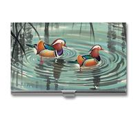 LLUTSNTH Business Card Holder Metal Slim Business Card Case Chinese Style Mandarin Ducks Professional Cards Organizer Pocket Name Cards Case Credit Holder Wallet for Men Women Buckle Style Shut