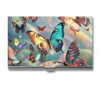 LLUTSNTH Business Card Holder Metal Slim Business Card Case Color Butterfly Background Professional Cards Organizer Pocket Name Cards Case Credit Holder Wallet for Men Women Buckle Style Shut