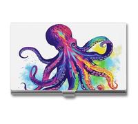 LLUTSNTH Business Card Holder Metal Slim Business Card Case Colorful Octopus Professional Cards Organizer Pocket Name Cards Case Credit Holder Wallet for Men Women Buckle Style Shut