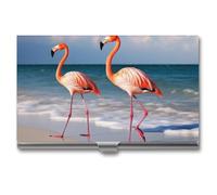 LLUTSNTH Business Card Holder Metal Slim Business Card Case Flamingo On The Beach Professional Cards Organizer Pocket Name Cards Case Credit Holder Wallet for Men Women Buckle Style Shut