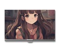 LLUTSNTH Business Card Holder Metal Slim Business Card Case Floral Swan Professional Cards Organizer Pocket Name Cards Case Credit Holder Wallet for Men Women Buckle Style Shut, Little Woman in Anime