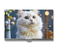 LLUTSNTH Business Card Holder Metal Slim Business Card Case Gorgeous White Cat Professional Cards Organizer Pocket Name Cards Case Credit Holder Wallet for Men Women Buckle Style Shut