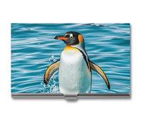 LLUTSNTH Business Card Holder Metal Slim Business Card Case Happy Penguin in The Water Professional Cards Organizer Pocket Name Cards Case Credit Holder Wallet for Men Women Buckle Style Shut