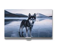 LLUTSNTH Business Card Holder Metal Slim Business Card Case Husky Dog on A Frozen Lake Professional Cards Organizer Pocket Name Cards Case Credit Holder Wallet for Men Women Buckle Style Shut