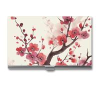 LLUTSNTH Business Card Holder Metal Slim Business Card Case Japanese Spring Plum Floral Professional Cards Organizer Pocket Name Cards Case Credit Holder Wallet for Men Women Buckle Style Shut