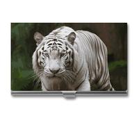LLUTSNTH Business Card Holder Metal Slim Business Card Case Majestic White Bengal Tiger Professional Cards Organizer Pocket Name Cards Case Credit Holder Wallet for Men Women Buckle Style Shut