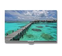 LLUTSNTH Business Card Holder Metal Slim Business Card Case Maldives Scenery Professional Cards Organizer Pocket Name Cards Case Credit Holder Wallet for Men Women Buckle Style Shut