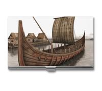 LLUTSNTH Business Card Holder Metal Slim Business Card Case Old Viking Boat Professional Cards Organizer Pocket Name Cards Case Credit Holder Wallet for Men Women Buckle Style Shut