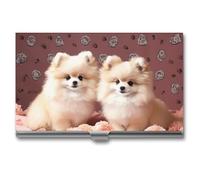 LLUTSNTH Business Card Holder Metal Slim Business Card Case Pomeranians Puppies And Point Professional Cards Organizer Pocket Name Cards Case Credit Holder Wallet for Men Women Buckle Style Shut