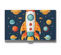 LLUTSNTH Business Card Holder Metal Slim Business Card Case Rocket Clipart Space Ship Professional Cards Organizer Pocket Name Cards Case Credit Holder Wallet for Men Women Buckle Style Shut