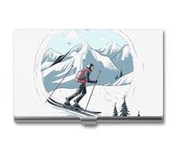 LLUTSNTH Business Card Holder Metal Slim Business Card Case Skiing Theme Professional Cards Organizer Pocket Name Cards Case Credit Holder Wallet for Men Women Buckle Style Shut