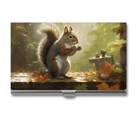LLUTSNTH Business Card Holder Metal Slim Business Card Case Squirrel Eats Nuts Professional Cards Organizer Pocket Name Cards Case Credit Holder Wallet for Men Women Buckle Style Shut