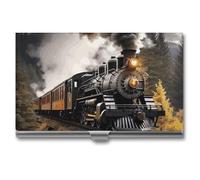 LLUTSNTH Business Card Holder Metal Slim Business Card Case Steam Train Professional Cards Organizer Pocket Name Cards Case Credit Holder Wallet for Men Women Buckle Style Shut