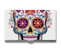 LLUTSNTH Business Card Holder Metal Slim Business Card Case Sugar Skull Professional Cards Organizer Pocket Name Cards Case Credit Holder Wallet for Men Women Buckle Style Shut