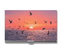 LLUTSNTH Business Card Holder Metal Slim Business Card Case Sunset Seagulls Professional Cards Organizer Pocket Name Cards Case Credit Holder Wallet for Men Women Buckle Style Shut