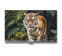 LLUTSNTH Business Card Holder Metal Slim Business Card Case Tiger on A Boulder in The Jungle Professional Cards Organizer Pocket Name Cards Case Credit Holder Wallet for Men Women Buckle Style Shut