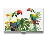 LLUTSNTH Business Card Holder Metal Slim Business Card Case Toucans Parrot Palm Tree Leaves Professional Cards Organizer Pocket Name Cards Case Credit Holder Wallet for Men Women Buckle Style Shut
