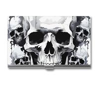 LLUTSNTH Business Card Holder Metal Slim Business Card Case White And Gray Skull Graphics Professional Cards Organizer Pocket Name Cards Case Credit Holder Wallet for Men Women Buckle Style Shut