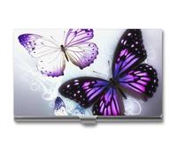 LLUTSNTH Business Card Holder Metal Slim Business Card Case White Purple Butterflies Professional Cards Organizer Pocket Name Cards Case Credit Holder Wallet for Men Women Buckle Style Shut