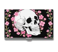 LLUTSNTH Business Card Holder Metal Slim Business Card Case White Skull & Pink Cherry Blossoms Professional Cards Organizer Pocket Name Cards Case Credit Holder Wallet for Men Women Buckle Style Shut