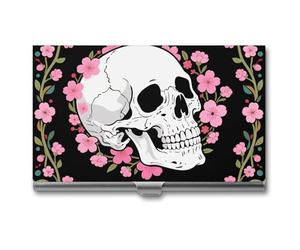 LLUTSNTH Business Card Holder Metal Slim Business Card Case White Skull & Pink Cherry Blossoms Professional Cards Organizer Pocket Name Cards Case Credit Holder Wallet for Men Women Buckle Style Shut