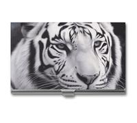 LLUTSNTH Business Card Holder Metal Slim Business Card Case White Tiger Professional Cards Organizer Pocket Name Cards Case Credit Holder Wallet for Men Women Buckle Style Shut