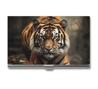 LLUTSNTH Business Card Holder Metal Slim Business Card Case Wild Animals Tiger Professional Cards Organizer Pocket Name Cards Case Credit Holder Wallet for Men Women Buckle Style Shut