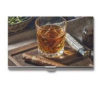 LLUTSNTH Business Card Holder Metal Slim Business Card Case Winter White Owl Professional Cards Organizer Pocket Name Cards Case Credit Holder Wallet for Men Women Buckle Style Shut, Cigar & Whiskey