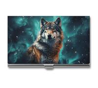 LLUTSNTH Business Card Holder Metal Slim Business Card Case Wolf Under The Starry Sky Professional Cards Organizer Pocket Name Cards Case Credit Holder Wallet for Men Women Buckle Style Shut