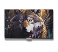LLUTSNTH Business Card Holder Metal Slim Business Card Case Wolves And Dream Catchers Professional Cards Organizer Pocket Name Cards Case Credit Holder Wallet for Men Women Buckle Style Shut