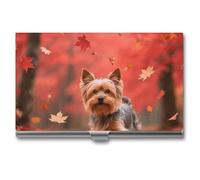 LLUTSNTH Business Card Holder Metal Slim Business Card Case Yorkshire Terrier in Maple Forest Professional Cards Organizer Pocket Name Cards Case Credit Holder Wallet for Men Women Buckle Style Shut