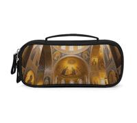 LLUTSNTH Byzantine Golden Church Pencil Case - Large Capacity Pencil Pouch Aesthetic Makeup Bag with Zipper Leather And Handle Design Pen Bag for Stationery, Art Supplies, Travel Essentials
