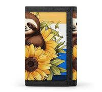 LLUTSNTH Cacti And Succulents Trifold Wallet for Men - Slim 8 Card Slots, Zipper Coin Purse Money Clip, Cash Compartment, Cartoon sloth sitting on sunflower, One Size, Modern