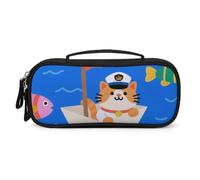 LLUTSNTH Captain - Cat on Paper - Boat Pencil Case - Large Capacity Pencil Pouch Aesthetic Makeup Bag with Zipper Leather And Handle Design Pen Bag for Stationery, Art Supplies, Travel Essentials