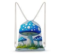 LLUTSNTH Cartoon Blue Mushroom Drawstring Backpack for Women - Large Canvas Sackpack, Gym Sport Travel Bag, Drawstring Bags