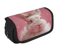 LLUTSNTH Cartoon Cute Penguin 2 Compartments Pencil Case Makeup Bag | Large Capacity Polyester Pencil Pouch with Handle | Toiletry & Cosmetic Bag Organizer for Travel Office, Rabbit Wearing a Crown