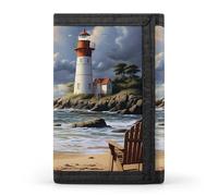 LLUTSNTH Cartoon Sloth Sitting on Sunflower Trifold Wallet for Men - Slim 8 Card Slots, Zipper Coin Purse Money Clip, Cash Compartment, Sea Lighthouse Sandbeach, One Size, Modern
