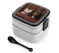LLUTSNTH Cat And Dog Sitting in Leather Pocket Stackable Bento Box with Spoon - Leak Proof Lunch Container, Insulated Food Storage Boxes/Invisible Handle for Office, Travel & Picnic