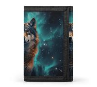 LLUTSNTH Cat Sleeping Trifold Wallet for Men - Slim 8 Card Slots, Zipper Coin Purse Money Clip, Cash Compartment, Wolf under the starry sky, One Size, Modern