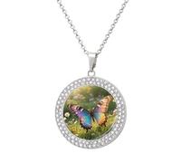 LLUTSNTH Circle Pendant Diamond Necklace for Women - Colorful Butterfly Round Alloy Choker Pendant Fashion Jewelry Gift for Mom, Wife (, 19.7 Inch), One Size, Zinc, Diamond
