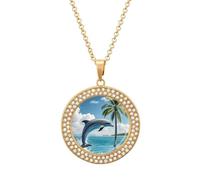 LLUTSNTH Circle Pendant Diamond Necklace for Women - Dolphins And Palm Trees Round Alloy Choker Pendant Fashion Jewelry Gift for Mom, Wife (, 19.7 Inch), One Size, Zinc, Diamond