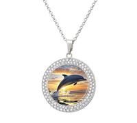 LLUTSNTH Circle Pendant Diamond Necklace for Women - Dolphins Jumping Out of The Water at Sunset Round Alloy Choker Pendant Fashion Jewelry Gift for Mom, Wife (, 19.7 Inch), One Size, Zinc, Diamond